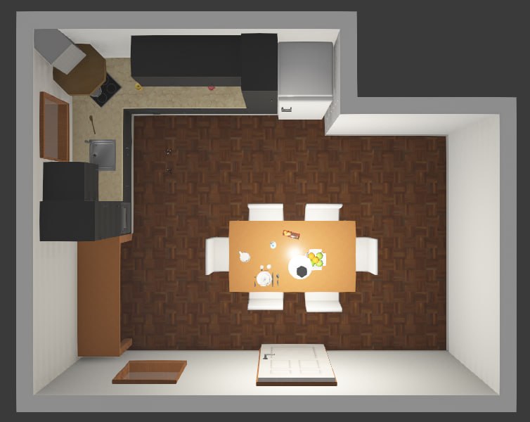 Top-down view of the kitchen simulation environment