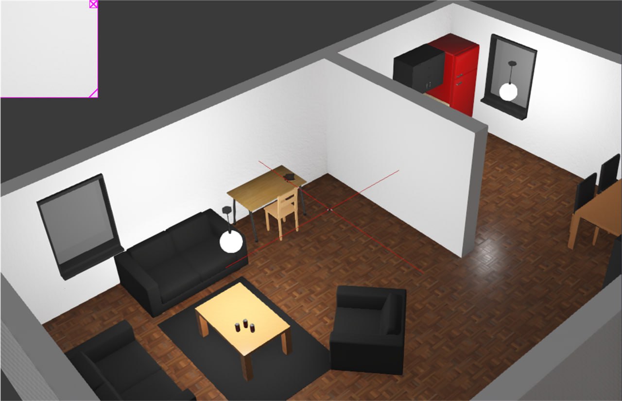 Webots simulation environment with a drone trajectory drawn in red